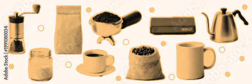 halftone pop art coffee making elements set with grinder kettle cup beans jar and kitchen tools collection