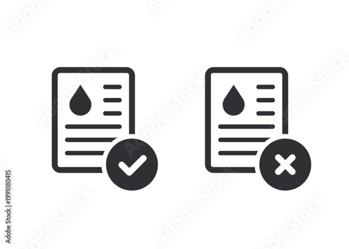 Black vector icons of two documents with a drop symbol, one marked as approved and one as rejected. Suitable for reports, quality checks, inspection, compliance, and data review. Water icon. 
