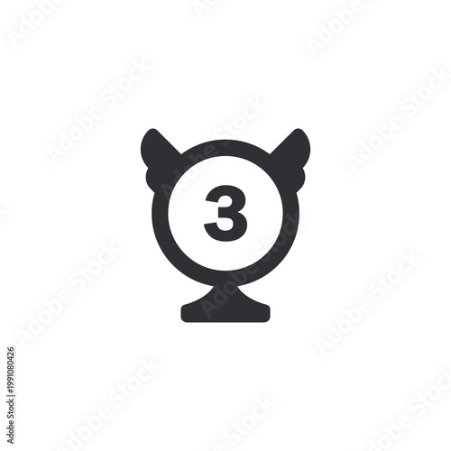 Black vector icon of a winged trophy with the number 3, symbolizing third place, ranking, achievement, award, and competition results. Suitable for games, leaderboards, badges, and performance design.
