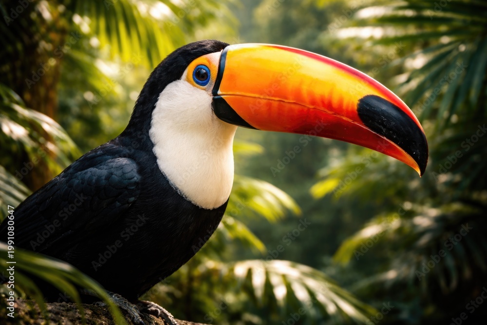 Fototapeta premium Detailed image of an unaccompanied Toco toucan with bright beak