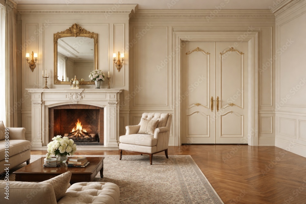 Fototapeta premium Sophisticated spacious interior highlighting a traditional fireplace and elegant door design with copy space