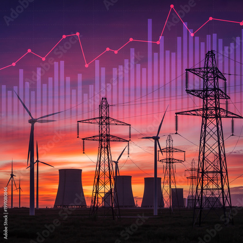 Power lines and nuclear plant towers at sunset with digital data graph representing energy demand.