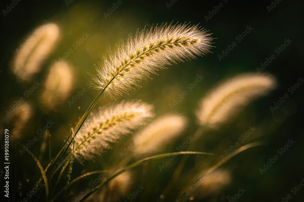 Fototapeta premium Close up of soft grass grains illuminated by backlight with dark green background texture
