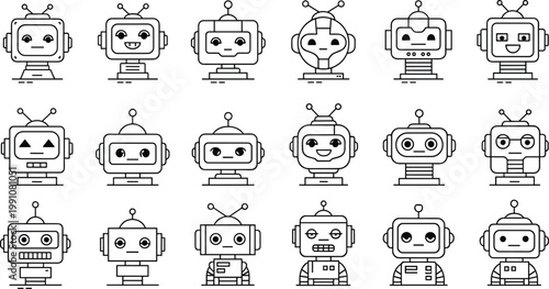 Robot Character Icon Set with Different Faces and Designs in Line Vector Style