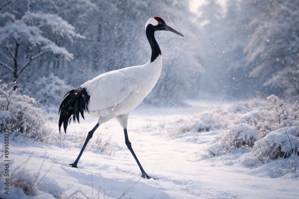 Fototapeta premium Elegant red crowned crane walking through snowy winter landscape