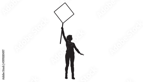 Umbrella man silhouette holding black rope with square sign above head on white background featuring shadow figure, outline style, minimal with icon