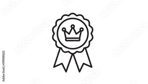 Badge icon with crown in center and ribbon outline for award, winner, certification, and quality mark