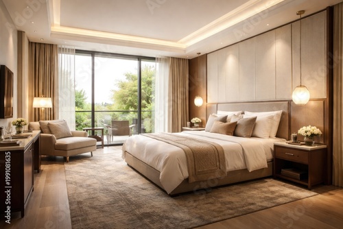 Upscale hotel bedroom featu...