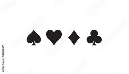 Playing cards icon set with spade, heart, diamond, and club symbols in bold solid black featuring card suit, poker, casino with deck and silhouette
