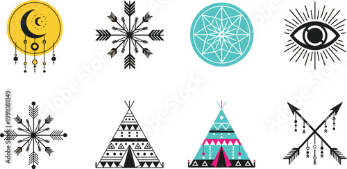 Tribal Geometric Patterns Set with Arrows, Teepees, Dreamcatcher, and Sacred Eye Symbols for Native American Culture, Spiritual Designs, and Modern Illustrations