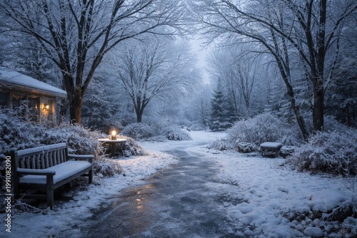 Snowy backyard landscape sh...