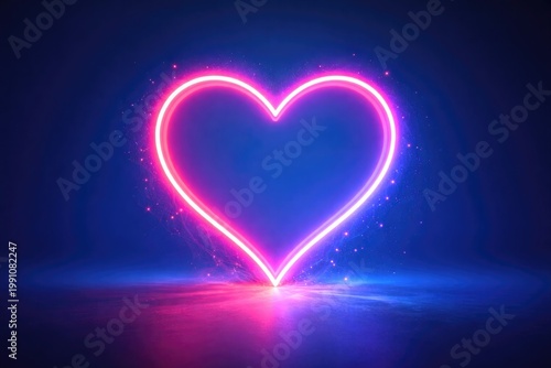 Romantic glowing neon heart on a vibrant blue studio backdrop with copy space for custom messages
