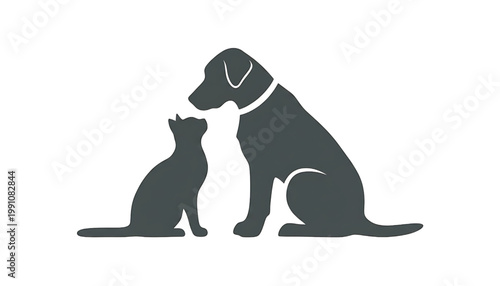 Dog and cat silhouettes wearing hats, black and white flat illustration for pet care and animal icons
