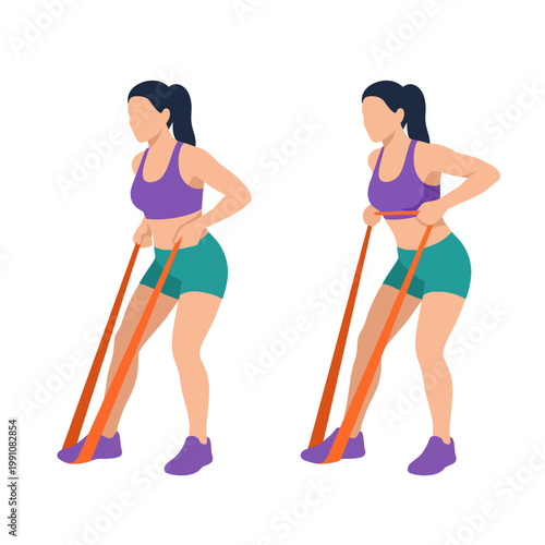 An illustrated woman engages in an effective workout with resistance bands, showcasing strength training and commitment to physical health in a stylish and modern fitness environment.