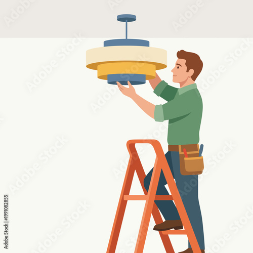 A skilled individual is shown carefully installing a modern ceiling light fixture while standing on a ladder, showcasing a blend of home improvement and craftsmanship concepts.