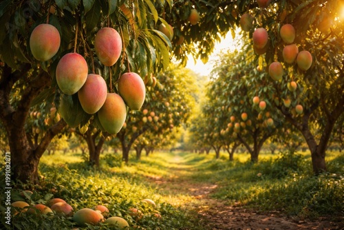Sunlit mango orchard garden...