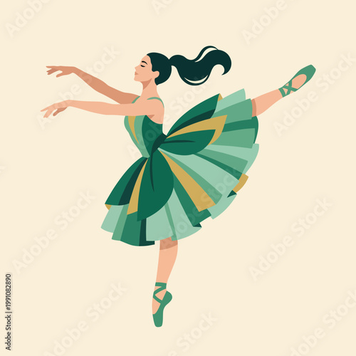 A graceful ballet dancer strikes a dynamic pose while showcasing the beauty and precision of ballet, wearing a stunning green costume that reflects artistry and technique.