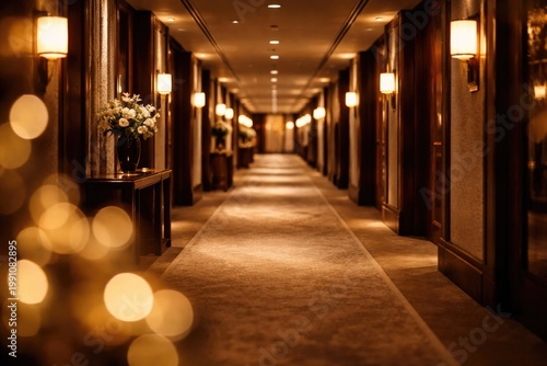 Upscale hotel corridor feat...