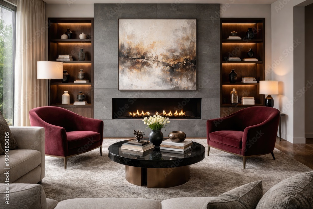 Naklejka premium Contemporary living room setup with prominent gray fireplace and rich burgundy armchairs for art presentation