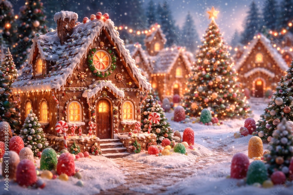 Obraz premium Whimsical Christmas candy town featuring gingerbread houses and festive decor