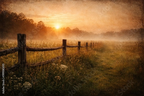 Rustic fence and meadow at ...