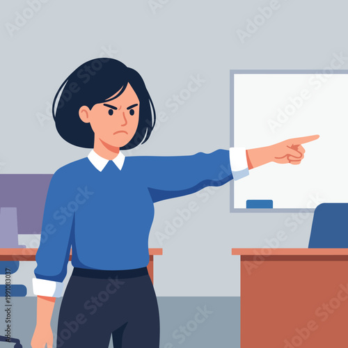 An assertive businesswoman points with a stern expression in an office setting, conveying themes of authority, leadership, and the challenges of workplace dynamics in a modern environment.