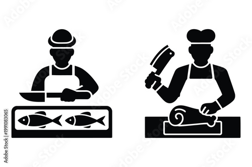 Butcher and fishmonger icons with fishmonger profession illustration shopping