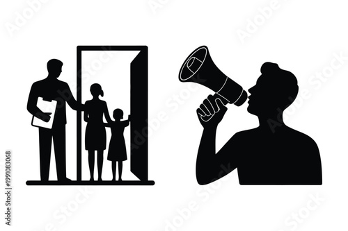 Family entering doorway and person speaking through megaphone with megaphone
