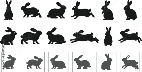 Rabbit silhouette illustration collection, animal outline figure, matching motif drawing, wildlife icon art, pattern design graphic, recognition posture symbol image