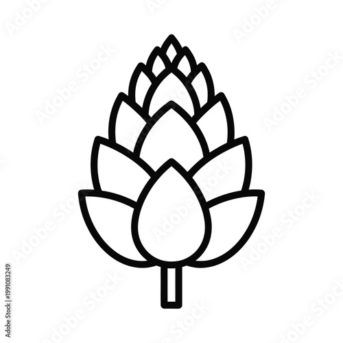 Black outline stroke icon of single hop cone representing brewing ingredient organic farming and craft beer culture isolated on white background for beverage industry and design