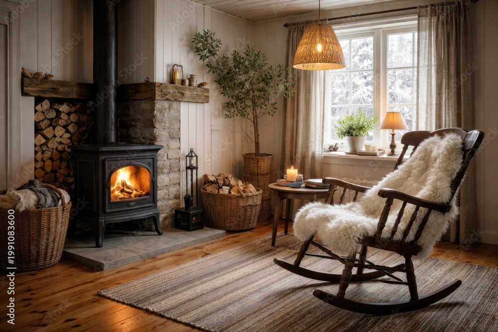 Fototapeta premium Scandinavian style living room corner with wooden stove, piled firewood, antique rocking chair covered with white sheepskin on rag carpet over oiled floor