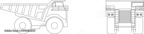 Technical engineering drawing of a heavy dump truck showing side and front elevation views with large cargo bed and massive wheels in CAD style.