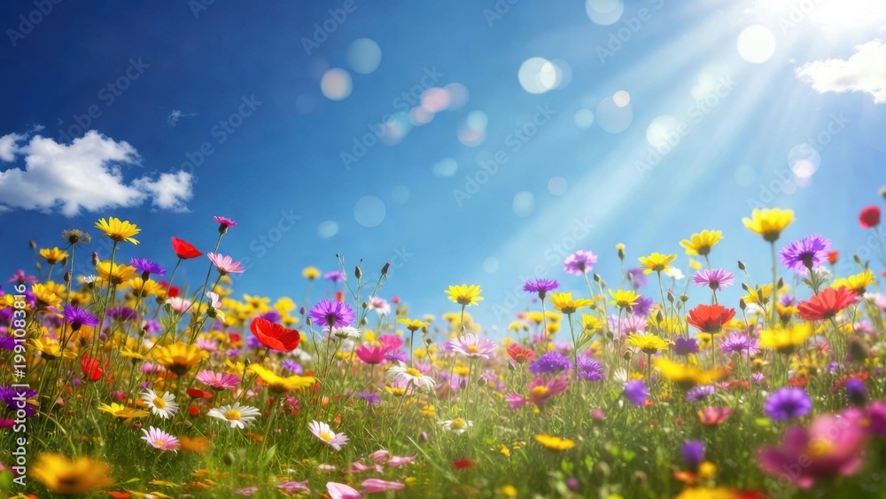 Fototapeta premium Vibrant wildflowers bloom under bright sun rays