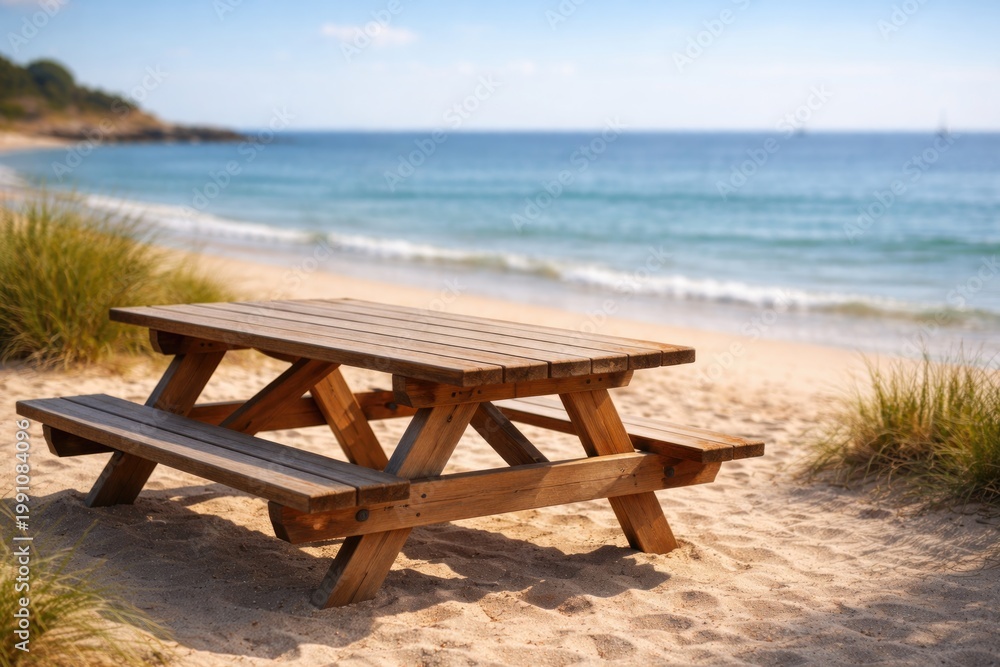 Fototapeta premium wooden picnic table by beach with calm blurred ocean view for website mockup