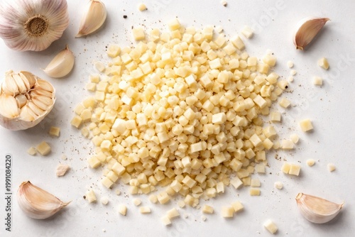 Top view of diced garlic sc...