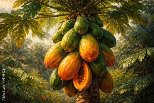 Oil painting of a lush papaya tree heavy with ripe fruits