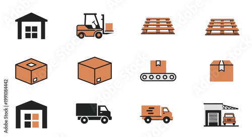 Logistics icons with boxes and trucks.