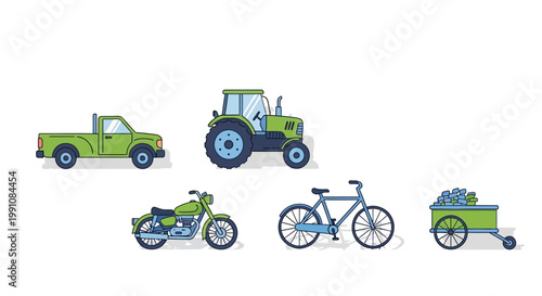 Green pickup truck and tractor vehicles.