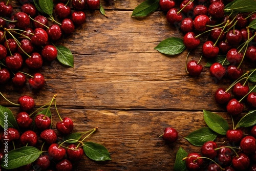 Rustic wooden table with ripe sour cherry and green leaf creating an inviting copy space background