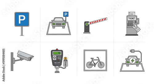 Parking lot equipment icons set.
