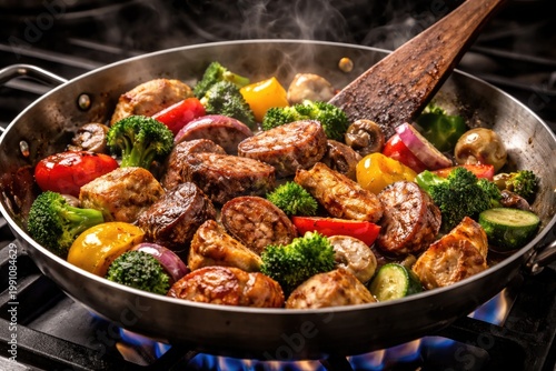 SautÃ©ing assorted meats an...
