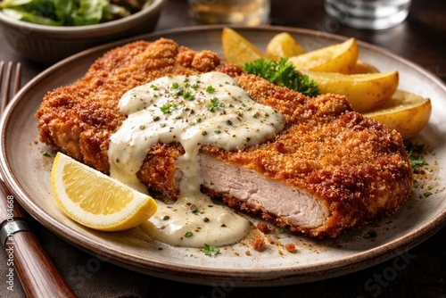 Crispy pork schnitzel accom...