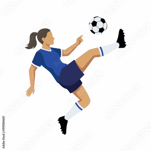 A determined female athlete is skillfully kicking a soccer ball, epitomizing strength, agility, and passion for sports while showcasing athleticism and competitive spirit.