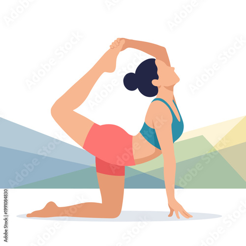 A woman gracefully demonstrates a challenging yoga pose, showcasing her flexibility and balance in a serene, minimalist environment with soft geometric shapes in the background.