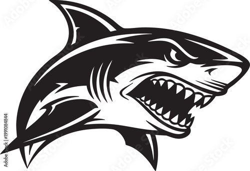 A black and white illustration of a shark with an open mouth and sharp teeth