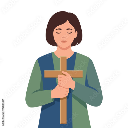 This image portrays a serene woman holding a wooden cross, symbolizing faith and devotion, set against a simple background emphasizing inner peace and spirituality.
