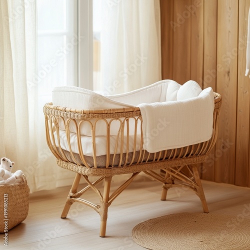 Rattan baby bassinet with white linens, illuminated by soft window light, creating a serene, minimalist boho nursery for tranquil comfort., Newborn, Baby Crib