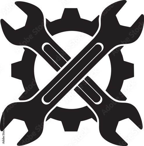 Black silhouette of crossed wrenches and gear