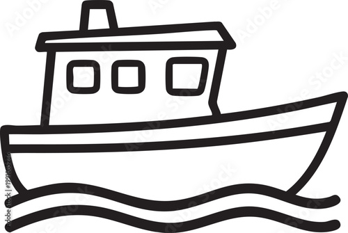 A black line drawing of a boat on water