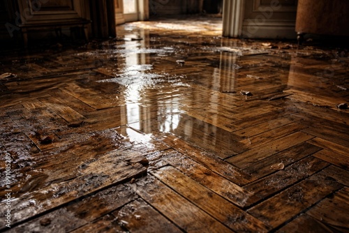 flooded wooden parquet floo...
